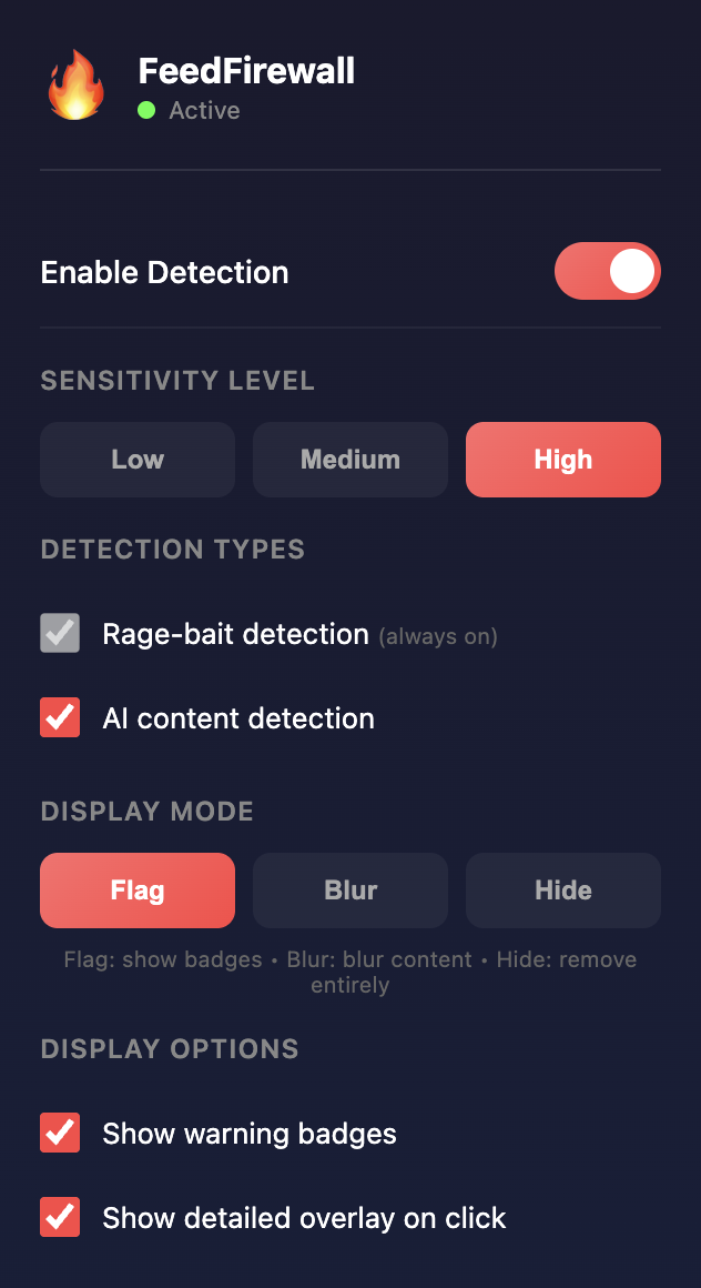 FeedFirewall extension settings popup showing detection controls and display options